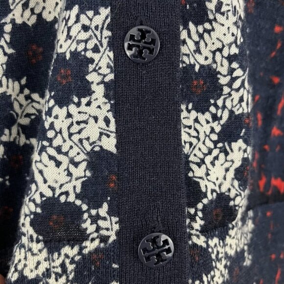 Tory Burch Sweater Floral Navy, Red &White, V Line Logo Buttons XS (Orig. $280) - Picture 4 of 6